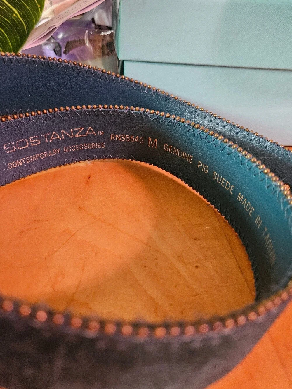 Vintage Belt Teal Velvet Leather Suede Beaded Large Round Buckle Sostanza